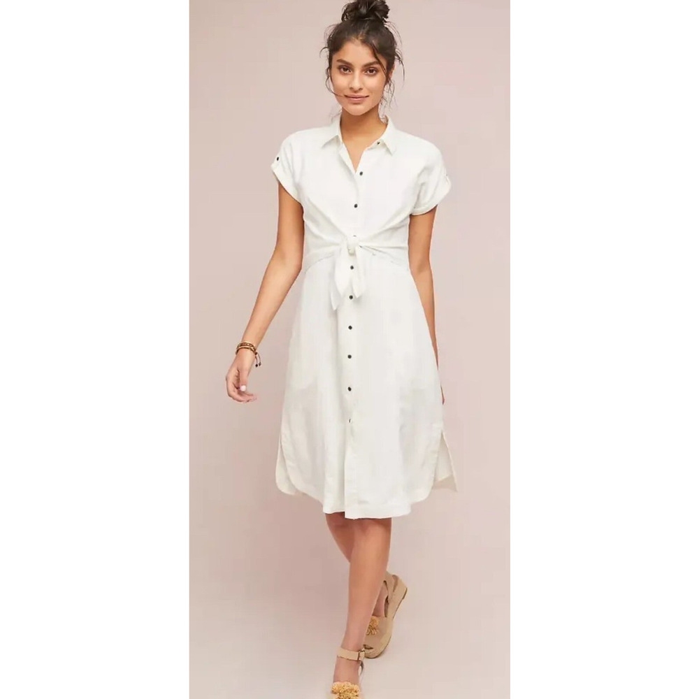 Anthropologie Maeve Womens Elspeth White Linen Blend Tie Front Shirt Dress US 0P